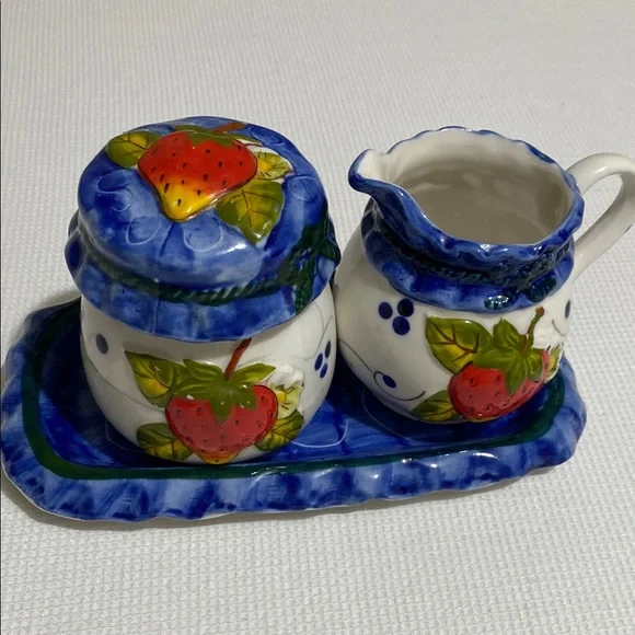 Vintage Strawberry Creamer, Sugar Bowl w/ Lid and Tray Set - Picture 3 of 10